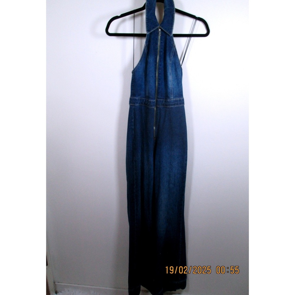 Alice + Olivia Jeans Jumpsuit Size 24 Denim Dark Halter Neck Full Zip Flare - Picture 5 of 14